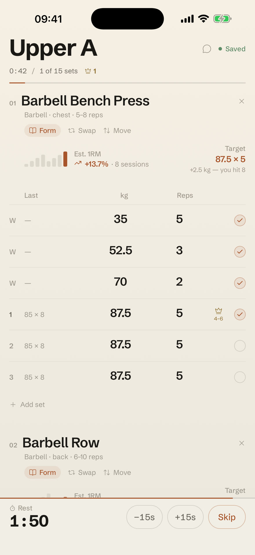 A workout: Barbell Bench Press, three warm-ups ticked, three sets at 87.5 kg, and the rest timer at 1:50.
