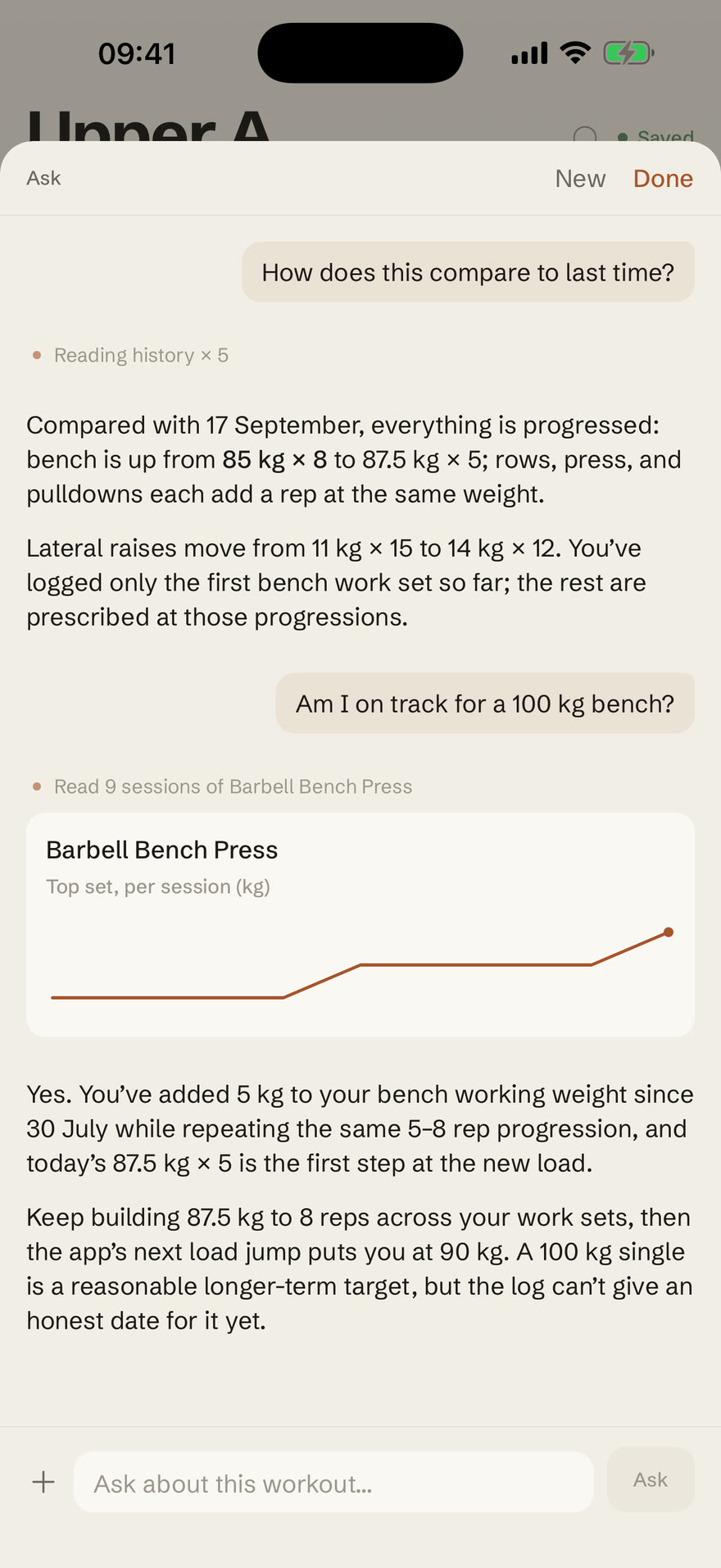 The coach answering “Am I on track for a 100 kg bench?” from the bench history, with a chart of the top set per session.