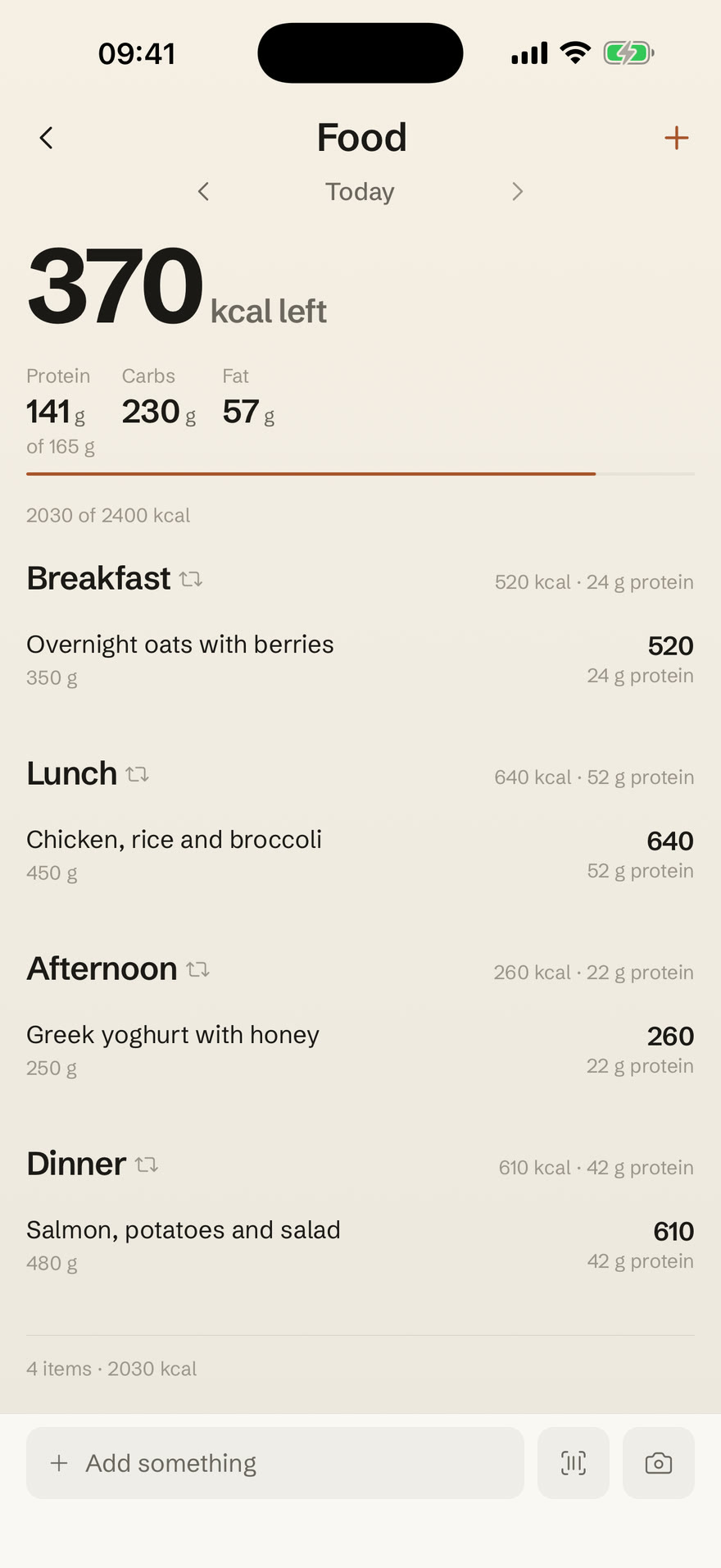 The food day: 370 kcal left, 141 g protein, and breakfast, lunch, afternoon and dinner logged.